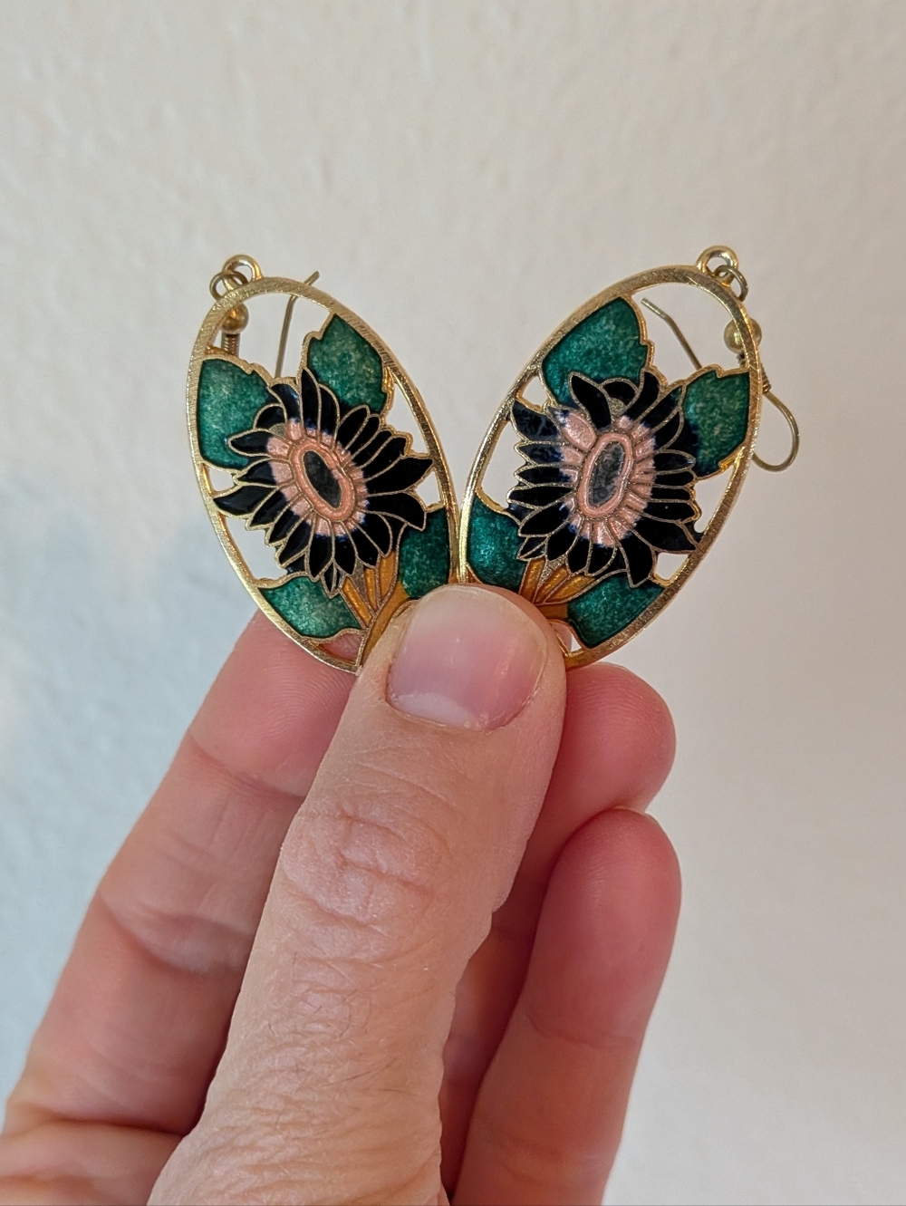 Vintage Cloisonne Gold Tone Floral Dangle Earrings 1.5" Green, Pink, Black